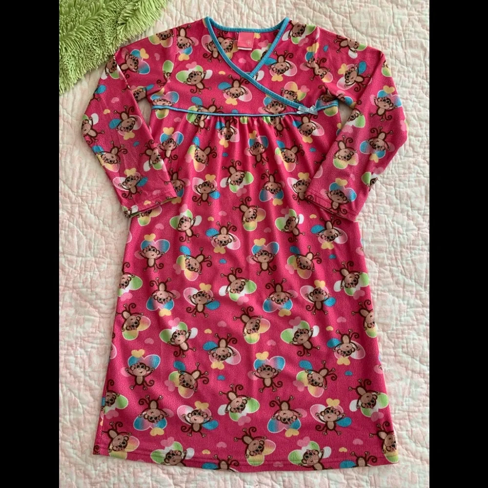 J. Khaki Nightgown Girls L 10/12 Pink Monkey Flannel Pajamas Long Sleeves Hearts